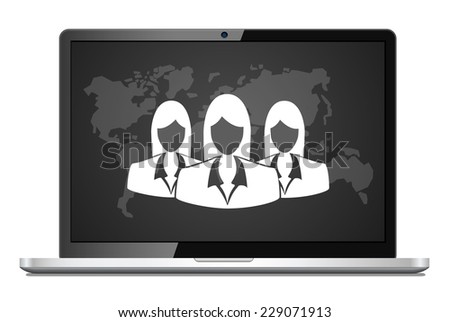 Vector Laptop with People icon, Group of business people with leader on screen. Business concept