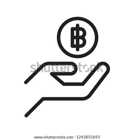 Hand holding coin. Thai baht money icon. Simple flat design. Isolate on white background.
