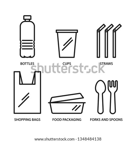 Single use plastic icons set, bottle, cup, straws, bag, food package, fork and spoon. Stroke outline style. Vector. Isolate on white background.