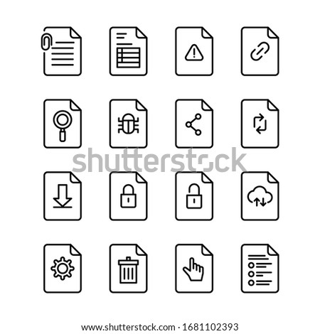 Document files, attachment, table, damaged file, link, search, bug, spam file, share, refresh, download, lock, unlock, cloud, adjustment and setting, trash, hand click
and check list icons.