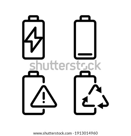 Battery, charging, low, warning and recycling sign. icons set. Line vector Isolated on white background.
