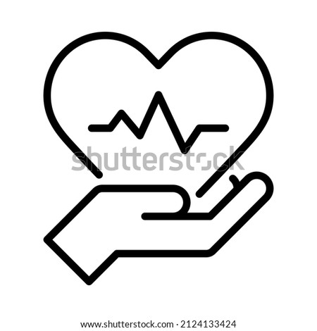 Heart failure icon. Hand holding heart with wave. Concept of heart disease. Outline style. Vector. Isolate on white background.