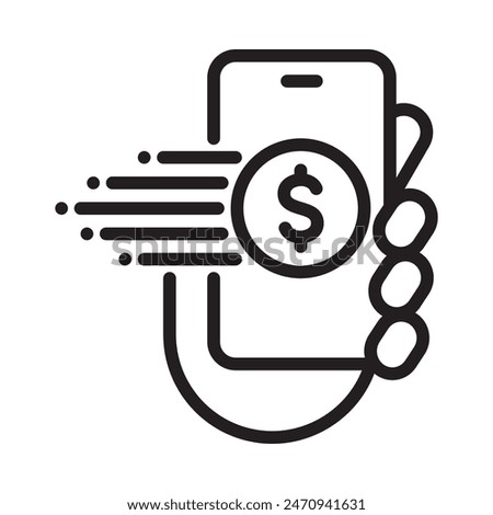 Dollar coin moving to mobile in hand. Simple line icon. Isolate on white background. Vector.