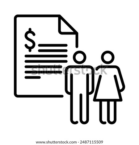 Marital property icon. Couple with financial documents. Simple line icon. Isolate on white background.