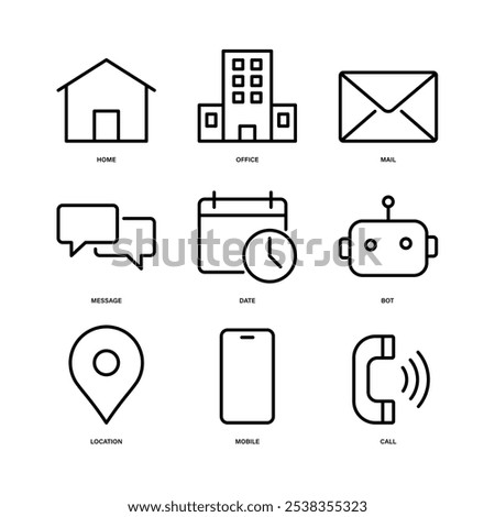 Contact icons, home, office, mail, message, calendar, bot, location, mobile and call set for business communication. Outline style. Vector. Isolate on white background.