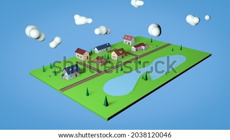 Low polly neighborhood village 3D illustration. Green grass, houses and a lake. Computer generated image. CGI town. Real estate concept. 商業照片 © 