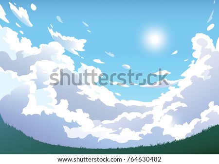 Vector blue cloudy sky with grass scenery. Anime clean style. Background design
