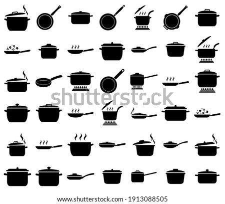 Frying pan and pan set icon. Cooking , roasting food logo isolated on white background