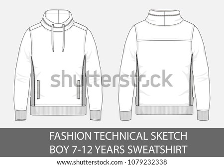 Fashion technical sketch boy 7-12 years sweatshirt with cowl nec in vector graphic