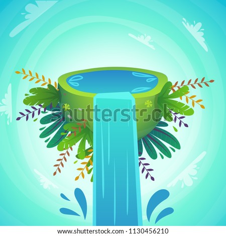 green peace half planet with water and cheerful plants and flowers . waterfall concept with splash drops . cartoon funny cute vector illustration