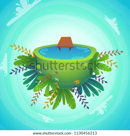 green peace half planet with water sea dock , cheerful plants and flowers . panorama 360 fisheye concept cartoon funny cute vector illustration