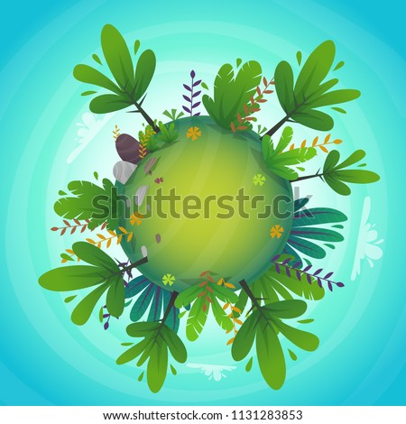 arround the world circular panorama park forest view miniature planet concept with grass field . green peace nature , plants and flowers . ecology concept illustration . funny cheerful landscape