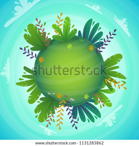 planet green peace nature , plants and flowers concept . ecology environment protection concept illustration . funny cheerful colorful cartoon style fisheye circular panorama
