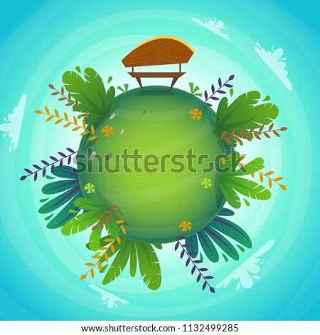 circular panorama park forest view miniature planet concept with grass field . green peace nature , plants and flowers concept . ecology concept illustration . funny cheerful colorful landscape