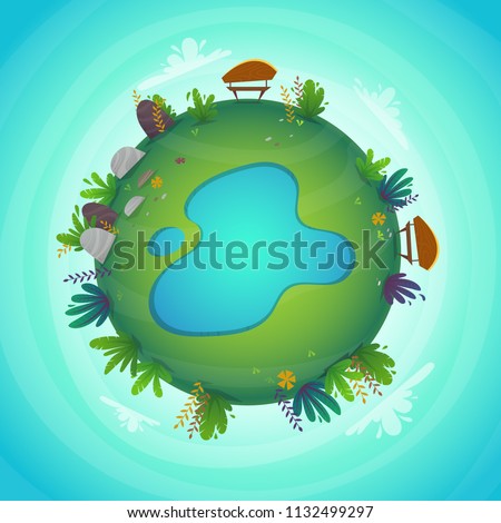 circular panorama park camping vocations view miniature planet concept with lake . green peace nature , plants and flowers concept . ecology concept illustration . funny cheerful colorful landscape
