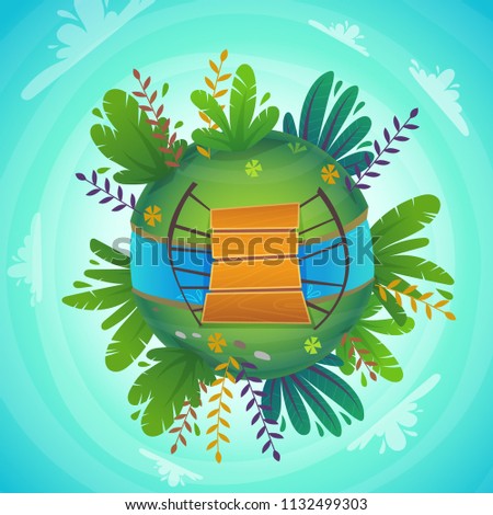 green peace nature , plants and flowers concept . ecology concept illustration . funny cartoon cheerful colorful landscape . circular panorama park view miniature planet concept with river .