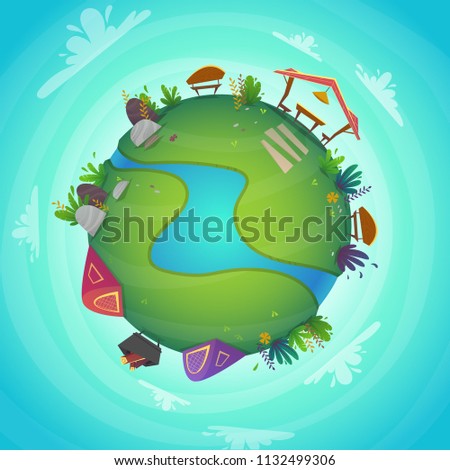 circular panorama park camping vocations view miniature planet concept with river . green peace nature , plants and flowers concept . ecology concept illustration . funny cheerful colorful landscape