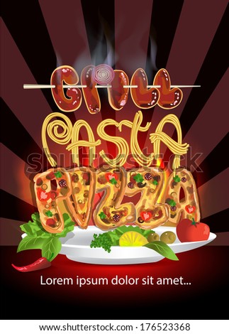 Italian foods. Pizza, pasta, grill. Vector illustration.