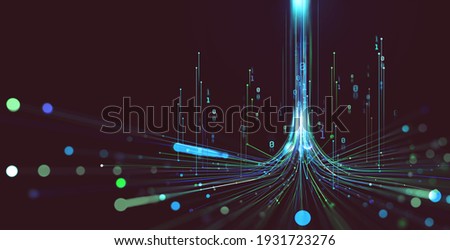 Big Data concept. Electrical impulse. Futuristic wave and binary code. Neon light. Streaming technology. Data stream 3D illustration. Data whirlpool stream