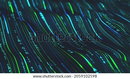 Information loop, encoded data, data stream 3D illustration. Linear waves in cyberspace. Electrical impulses in a neural network. Big data analytics. Hi-tech background Stock foto © 