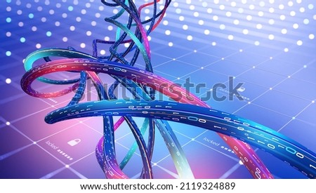 High-speed Internet, blockchain technology, optical data transmission. Cyberfield of encoded data. 3D illustration of woven information flows in nanostructure of network servers Stock foto © 