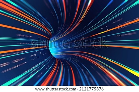 High-speed data flow, information processing. Big data analytics. Inside the internet cable. Digital funnel of encoded data. Cyberspace gate 3D illustration Stock foto © 