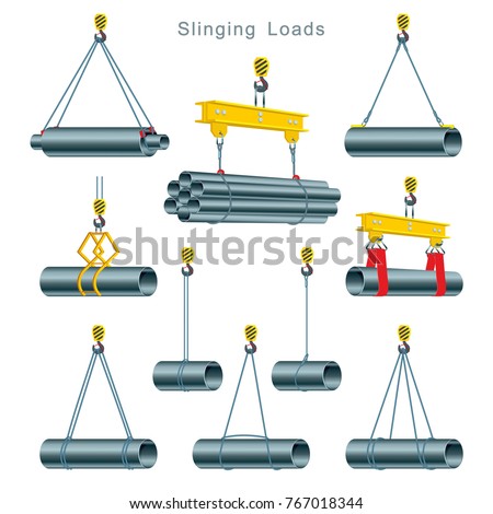 Proper use of slinging during the operation of a tower crane at the construction site. Slinging Loads. Set of vector illustrations on white background