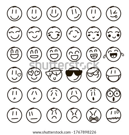 Vector outline 36 emoji icons set. For digital design, banners, postcards, prints, decor. Isolated and hand drawn cartoon illustration. Web logo collection. Modern premium quality symbols and sign.