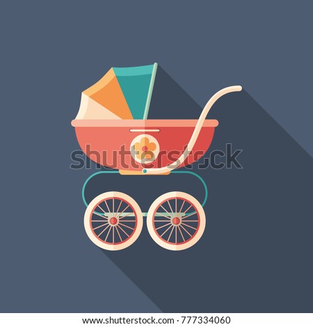 Baby carriage flat square icon with long shadows.