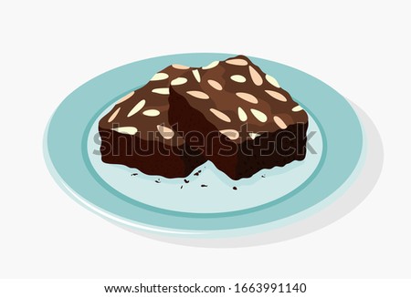  chocolate brownies isolated on white background. two brownie cake pieces as homemade dessert food illustration.