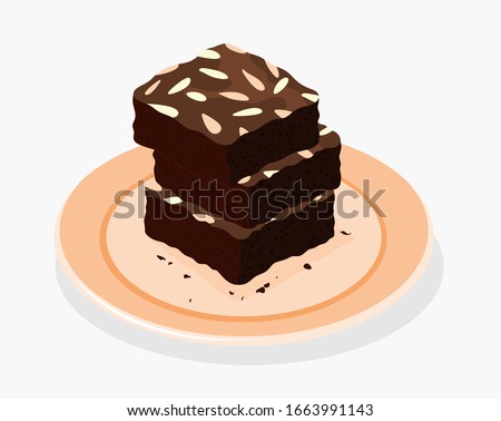  chocolate brownies isolated on white background. two brownie cake pieces as homemade dessert food illustration.