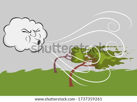  image of a Windy Day Trees and Cloud Blowing Wind cartoon. vector illustration
