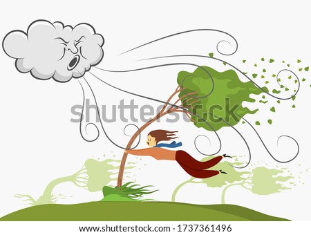  image of a women Holding On To Tree on Windy Day. vector illustration