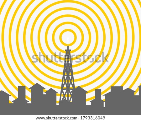 Landscape wireless tower. Satelite antena mobile coverage television radio cellular digital signal vector illustration