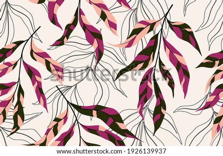 Tropical leaves hand drawn seamless pattern. Botanical trendy design in pink and green colors. Vector repeating design for fabric, wallpaper or wrap papers.