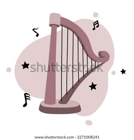 Harp and music notes. Classical string musical instrument. Cute flat cartoon style. Harp icon. Vector illustration