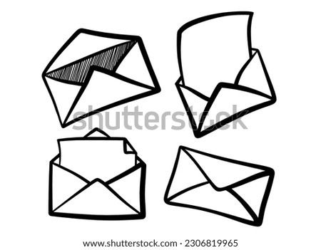 Doodle set of cute	
mail. Doodle 	
mail icon. Hand drawn 	
mail icon.