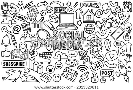 Hand drawn set of social media sign and symbol doodles elements. Isolated on white background