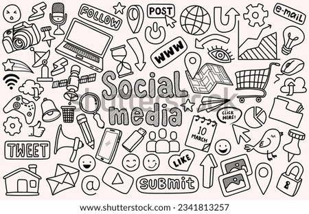 Hand drawn vector illustration set of social media sign and symbol doodles elements. 