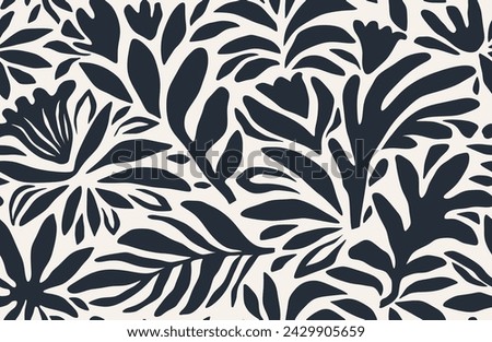 Seamless pattern of abstract leaves and flower. back floral leaf shape organic on white background. black silhouette botanical african style.