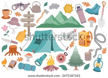 Forest camping design elements set. hiking, camping equipment collection.