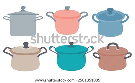 cooking pot vector set cute cartoon style.