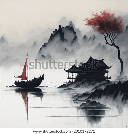 Watercolor and ink illustration of chinese landscape with pagoda and mountains in style sumi-e, u-sin. Traditional asian architecture. Oriental traditional painting.
