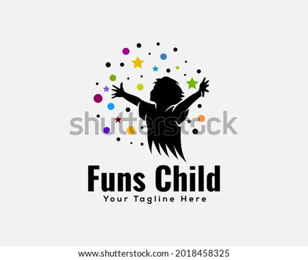 child happy fun enjoy celebration reaching star silhouette black white logo design illustration inspiration