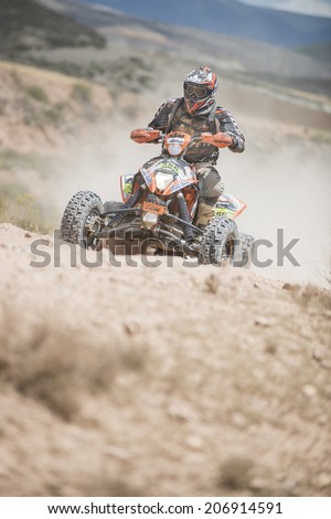 TERUEL, ARAGON/SPAIN - JULY 20: rider, Alejandro Gomez, tries to get a good result on SS3 in Baja Aragon Rally on July 20, 2014 in Teruel