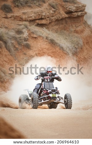 TERUEL, ARAGON/SPAIN - JULY 18: Spanish Rider, Miguel Angel Arranz, tries to get a good result in Prologue in Baja Aragon Rally on July 18, 2014 in Teruel