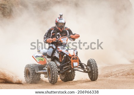TERUEL, ARAGON/SPAIN - JULY 18: Spanish Rider, Alejandro Gomez, tries to get a good result in Prologue in Baja Aragon Rally on July 18, 2014 in Teruel