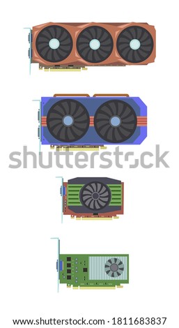 Set of video cards for a bitcoin farm on a white background. Vector drawing.