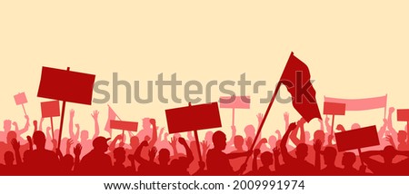 A crowd of people with raised hands and flags. Political revolution. Protest against injustice. LGBT protest. Panoramic landscape with people. Stock vector illustration. EPS 10.