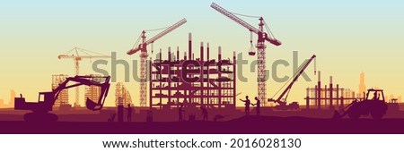 Construction site with a tower crane. Construction of residential buildings. Panoramic view of the construction of skyscrapers. Landscape with a modern city. EPS 10